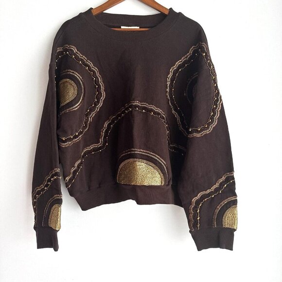 Ollari Brown Embroidered Beaded Sweatshirt 2X - Picture 2 of 10